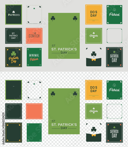 A variety of minimalist green themed St Patricks Day cards and frames with shamrock details and text