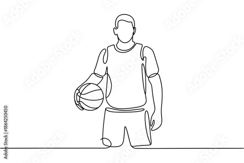 A single line drawing depicts a person holding a basketball in a sporty stance.