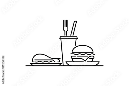 A simple line drawing of a hamburger meal with a drink and a chicken leg sandwich.