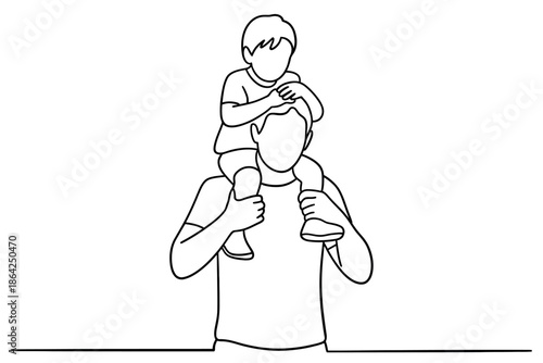 A father carries his child on his shoulders in a simple line drawing illustration.