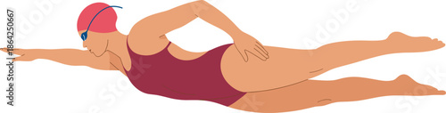 Female swimmer in red swimsuit and goggles performing front crawl stroke, professional athlete water sports vector
