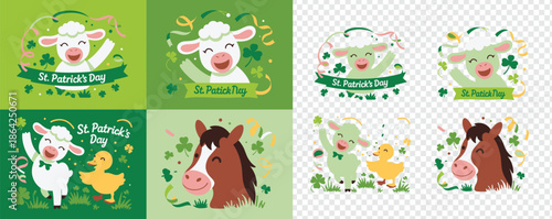 Adorable cartoon farm animals celebrate St Patricks Day with cheerful smiles and lucky shamrock decorations