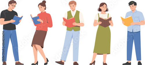 Set of flat cartoon people reading books, diverse men and women students characters, education vector illustration