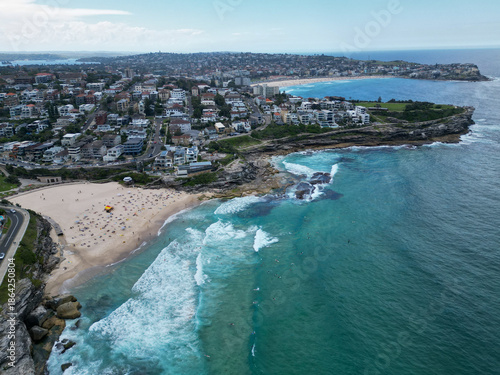 Canvas Print Aerial view of Bronte Beach in Sydney, Australia, with people enjoying the coast