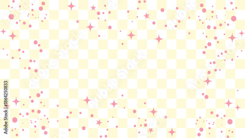 Pastel yellow and white checkered background with pink stars and dots, festive and celebratory design element for party invitations or social media graphics