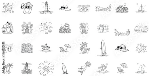 Summer Beach Doodles & Coastal Icons Hand-Drawn Vector Set