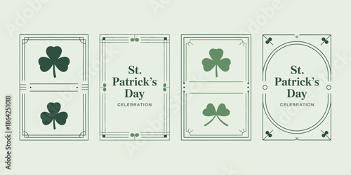 Four minimalist St Patricks Day celebration card layouts with shamrocks and elegant typography
