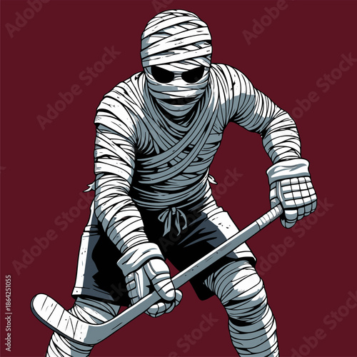 Illustration of a mummy who is good at playing hockey.