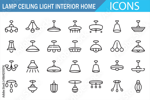 Residential ceiling lamp outline icons for home lighting design projects
