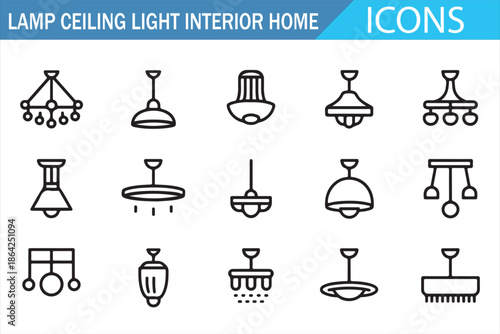 Ceiling light and home illumination vector icons set for interior designers