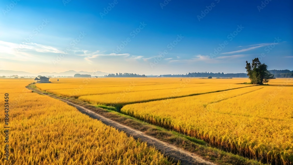 Obraz premium Golden Paddy Field Stretching to the Horizon