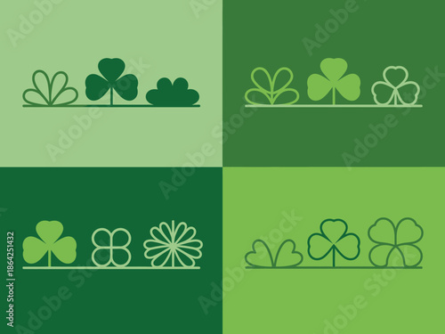 Four square panels featuring simple stylized outline designs of shamrocks, clovers, and botanical elements