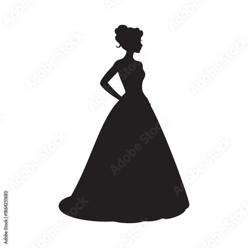 Silhouette of a woman in a formal ball gown standing in profile