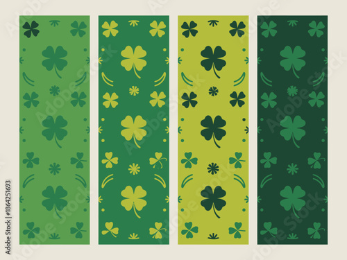 Four vertical banner patterns showcasing lucky four leaf clovers and shamrocks in various green hues