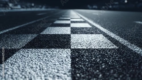 Finish Line's Threshold: A close-up perspective of a race track's finish line, bathed in a dramatic black and white light. The checkered pattern leads the eye, suggesting motion, competition.