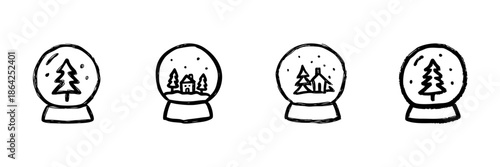Snow Globe Line Icon Set In Doodle Style. Winter Wonderland, Holiday Decoration, And Festive Scene Outline Sketch Collection. Hand Drawn Isolated Vector Illustration