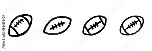 American Football Line Icon Set In Doodle Style. Sports Equipment, Team Game, And Athletic Competition Outline Sketch Collection. Hand Drawn Isolated Vector Illustration