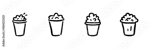 Popcorn Bucket Line Icon Set In Doodle Style. Cinema Snack, Movie Time, And Entertainment Outline Sketch Collection. Hand Drawn Isolated Vector Illustration