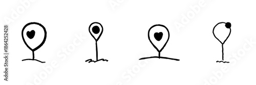 Map Pin With Heart Line Icon Set In Doodle Style. Location And Love Connection Outline Sketch Collection. Romantic And Travel Destination Symbol. Hand Drawn Isolated Vector Illustration