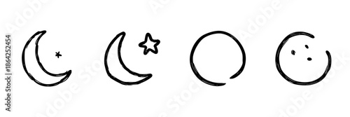 Crescent Moon And Star Line Icon Set In Doodle Style. Nighttime, Astronomy, And Celestial Symbols Outline Sketch Collection. Hand Drawn Isolated Vector Illustration