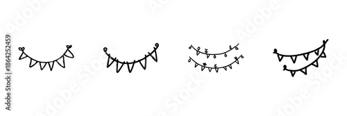 Decorative Bunting Flags Line Icon Set In Doodle Style. Celebration, Party Decoration, And Festive Event Outline Sketch Collection. Hand Drawn Isolated Vector Illustration