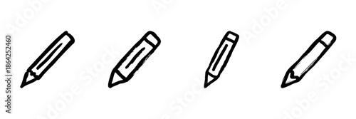 Pencil Line Icon Set In Doodle Style. Creative Writing, Drawing, And Sketching Tools Outline Sketch Collection. Artistic Expression And Education Symbols. Hand Drawn Isolated Vector Illustration