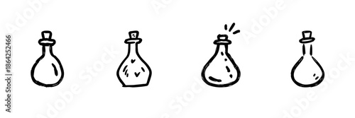 Potion Bottles Line Icon Set In Doodle Style. Magic Elixirs, Alchemy, And Fantasy Potions Outline Sketch Collection. Hand Drawn Isolated Vector Illustration