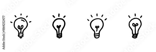 Light Bulb Line Icon Set In Doodle Style. Innovation, Creativity, And New Ideas Outline Sketch Collection. Conceptual Thinking And Inspiration. Hand Drawn Isolated Vector Illustration