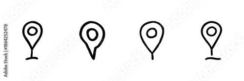 Map Location Pin Line Icon Set In Doodle Style. Navigation, Gps, And Geolocation Marker Outline Sketch Collection. Travel And Directional Symbol. Hand Drawn Isolated Vector Illustration