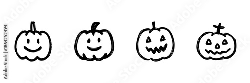 Four Pumpkin Faces Line Icon Set In Doodle Style. Halloween Jack o Lantern Expressions Outline Sketch Collection. Festive And Spooky Decoration. Hand Drawn Isolated Vector Illustration
