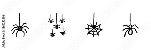 Hanging Spiders And Web Line Icon Set In Doodle Style. Halloween Decoration, Arachnid Symbol, And Creepy Crawly Theme Outline Sketch Collection. Hand Drawn Isolated Vector Illustration