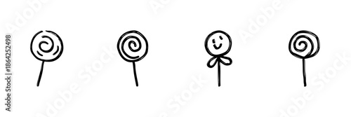 Lollipop Line Icon Set In Doodle Style. Sweet Treats And Happiness Outline Sketch Collection. Playful And Fun Design Elements. Hand Drawn Isolated Vector Illustration