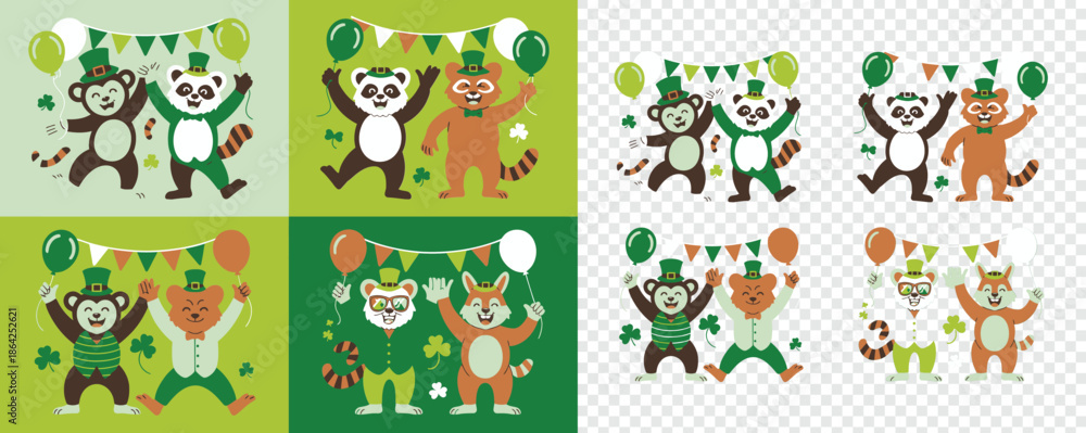 Obraz premium Happy St Patricks Day animal friends like monkeys, pandas, raccoons, and bears celebrating joyfully