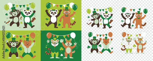 Happy St Patricks Day animal friends like monkeys, pandas, raccoons, and bears celebrating joyfully