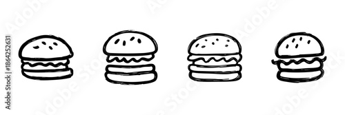 Burger Line Icon Set In Doodle Style. Fast Food, Snack, And Culinary Art Outline Sketch Collection. Hand Drawn Isolated Vector Illustration