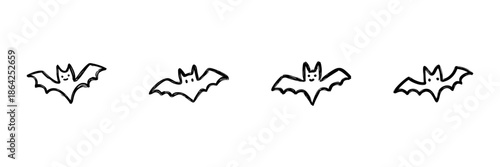 Cute Bat Line Icon Set In Doodle Style. Halloween, Nocturnal Creatures, And Spooky Fun Outline Sketch Collection. Hand Drawn Isolated Vector Illustration