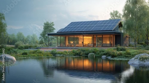 Eco-Friendly Haven: A modern house with solar panels on the roof reflects in a calm lake, embracing the tranquility of nature, promoting sustainable living and environmentally conscious design.