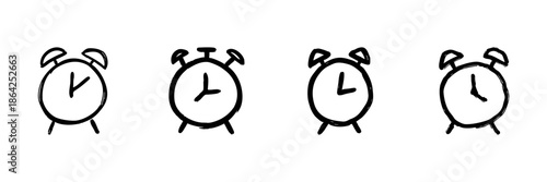 Alarm Clock Line Icon Set In Doodle Style. Time Management, Punctuality, And Wake-Up Call Outline Sketch Collection. Hand Drawn Isolated Vector Illustration