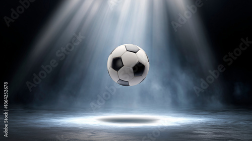 Soccer ball floating under powerful spotlights in a smoky environment, concept of stardom and center of attention