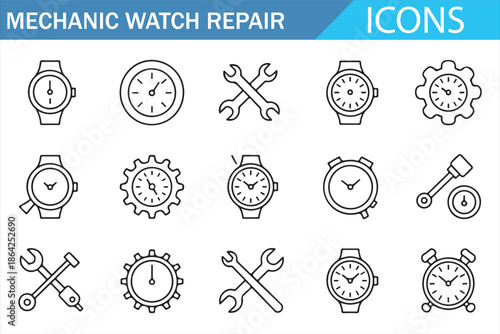 Watch repair service line icons set featuring timepieces, gears and tools