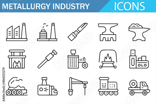 Metal industry vector icon set with foundry, smelting, machinery and logistics symbols