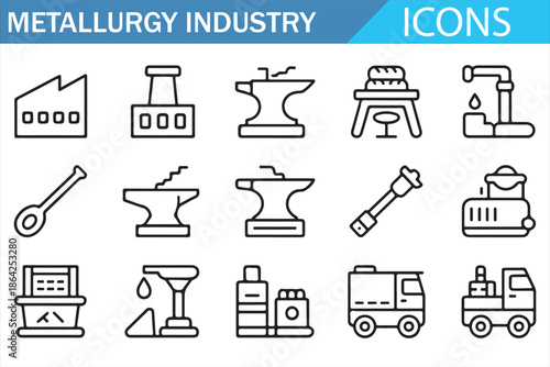Metallurgy and steel factory outline icons for industrial manufacturing and engineering design