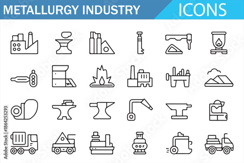 Industrial metal production line icons set for metallurgy, engineering and factory concepts