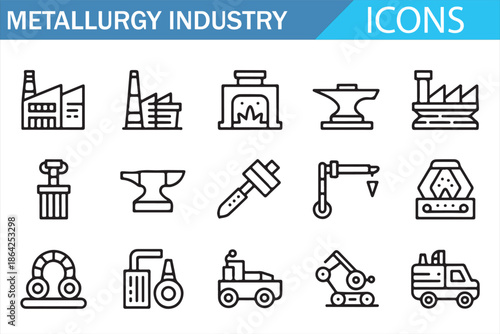 Heavy industry metallurgy vector icons including steelworks, furnaces and production equipment
