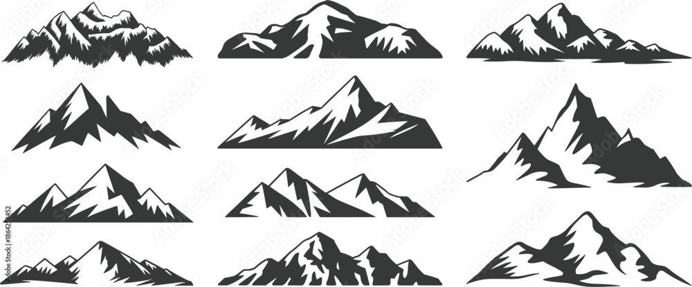 Fototapeta premium Set of black mountain silhouettes and snowy peak shapes, wilderness landscape adventure travel vector design elements