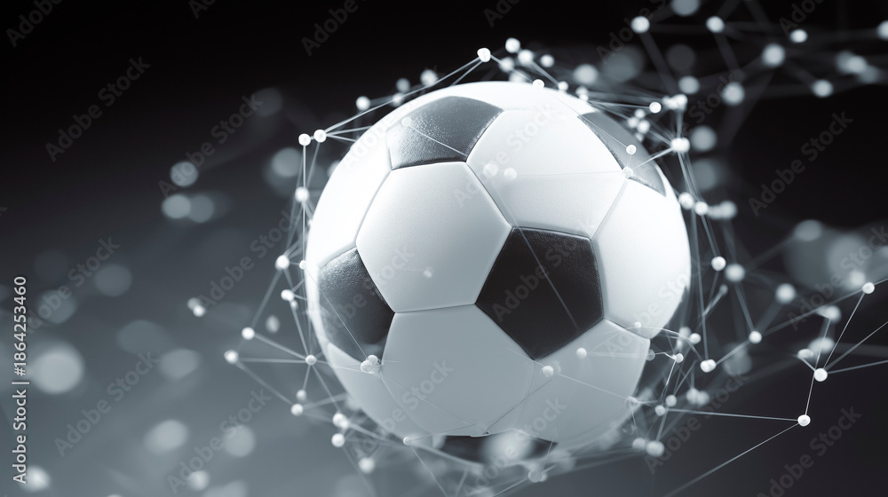 Naklejka premium A soccer ball surrounded by a digital network of points and neural connections symbolizing the concept of global connectivity and strategy