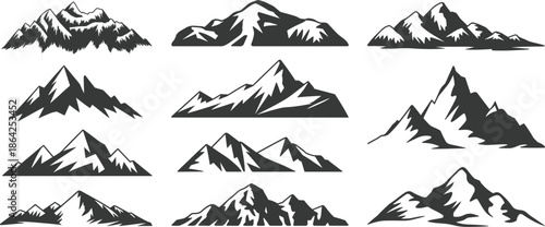 Set of black mountain silhouettes and snowy peak shapes, wilderness landscape adventure travel vector design elements