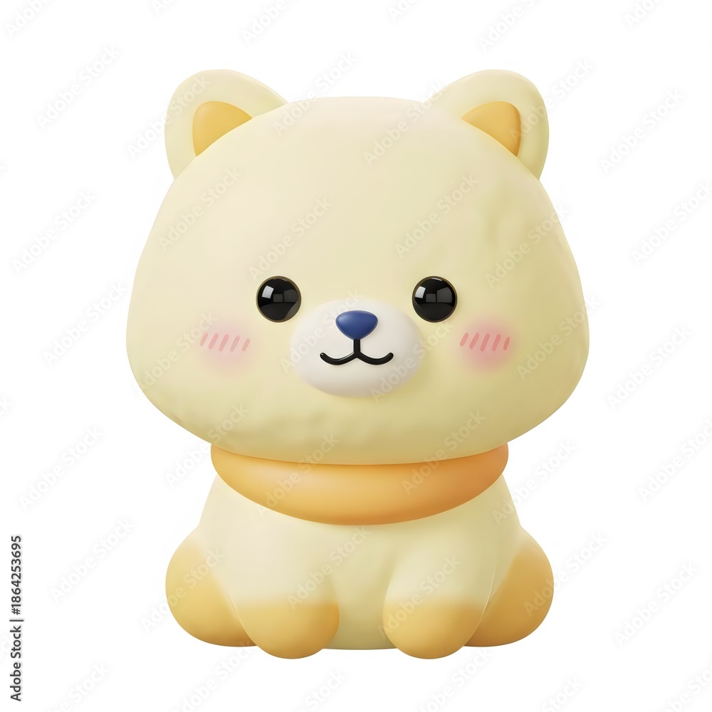 Fototapeta premium Adorable 3D illustration of a cute yellow cartoon bear character with a scarf on a white background, perfect for children's designs and happy themes.