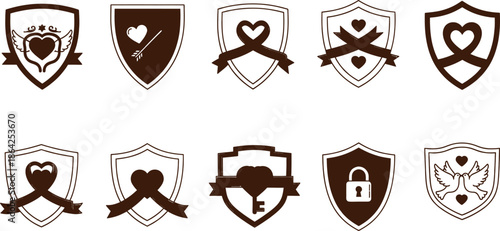 Collection of various shield and heart symbols with ribbons and locks in black