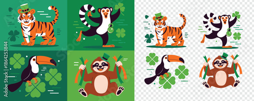 Whimsical jungle animals wear St Patricks Day hats and pose happily amongst lucky green shamrocks